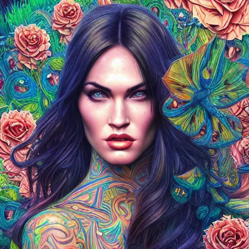 Image similar to portrait of megan fox, hyper detailed masterpiece, neon floral pattern, jean giraud, digital art painting, darkwave goth aesthetic, psychedelic, artgerm, donato giancola and tom bagshaw