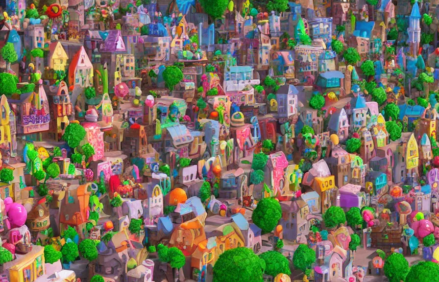 Image similar to town made of candy, artstation, ghibli studio, pixar, dreamworks, disney, epic composition, unreal engine, intricate details