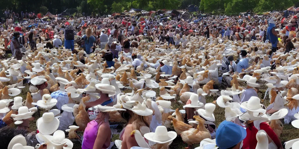 Prompt: music festival full of white chicken with hats and drinks. only chicken, no humans. fowl festival.