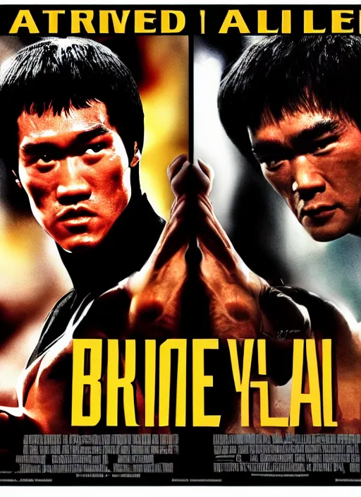 Image similar to Film poster Bruce lee fights VS Arnold Schwarzenegger, faces look at each other, detailed and realistic, 4k, filmic render