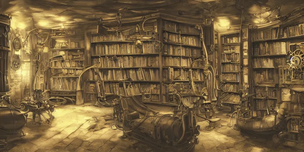 Image similar to steampunk oceanographer study, maps crowding the walls, bookshelves, paintings of ocean topography, sonar equipment, marine biologist lab, bookshelves, incandescent lighting, unreal engine, bibliopunk