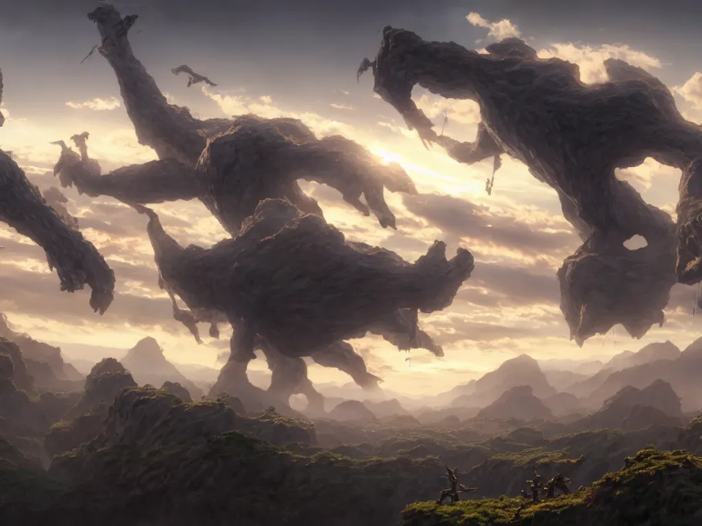 Image similar to great big giants swinging the weapons to the drop of a clouds from sky. fantasy, highlight scene of the movie, high quality, highly detailed 8 k, unreal engine 5, scene of myth, art by hiroaki samura and jiro matsumoto and yao wang from artstation