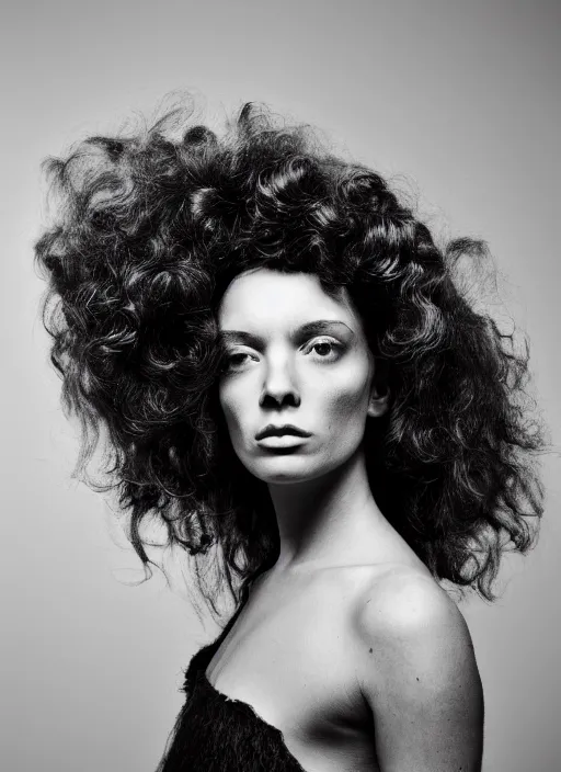 Prompt: a portrait of a woman by justin ridler, fierce, big curly hair