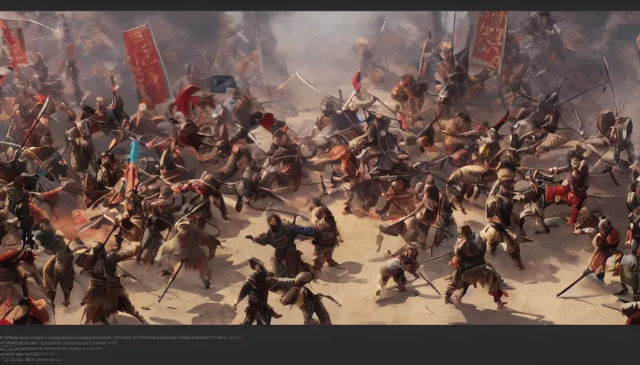 Image similar to fight between and mongols and chinese, artstation