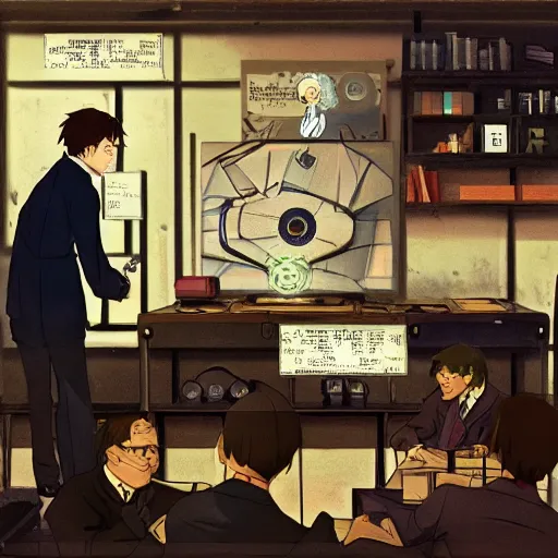 Image similar to inside the workshop with alan turing cracking the enigma with the help of albert einstein, anime!!!, artstation