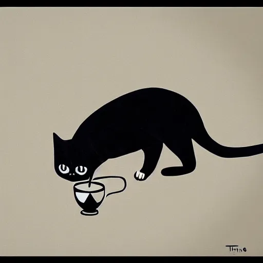 Prompt: a black cat drinking tea by tim jacobus