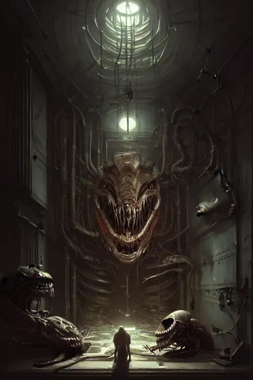 Image similar to professional concept art of a creepy family horrendous mechanical predatory! species in a dark room by artgerm and greg rutkowski. an intricate, elegant, highly detailed digital painting, concept art, smooth, sharp focus, illustration, background environment