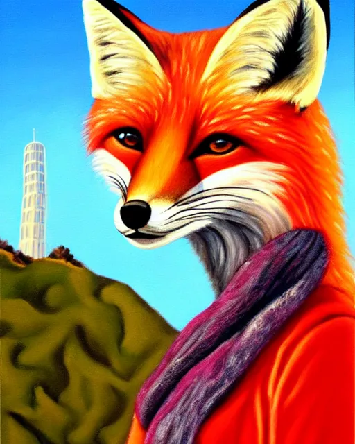 Image similar to oil painting portrait of anthropomorphic female fox animal dressed in sweater and scarf, fox animal, hollywood sign in background, oil painting,