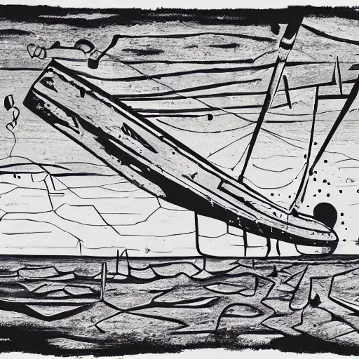 Image similar to an abandoned ship on the aral sea desert, in the style of daniel johnston and outsider art, 8 k, line brush, muted, overlaid with cyrillic words, baselitz, german expressionist woodcut