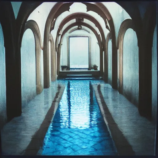 Prompt: Beautiful Fuzzy Polaroid Photograph of an tiled infinite foggy liminal pool hallway with archways and water on the floor