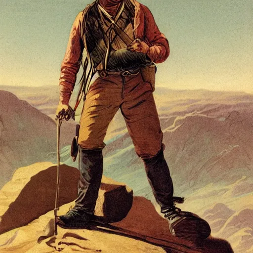 Prompt: 19th century scruffy american trapper, standing on top of boulder, bandana covering face, overlooking martian landscape, pulp science fiction illustration