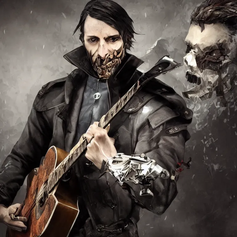 Image similar to corvo attano from dishonored game plays guitar, official music video, shot on sony a 7, studio recording