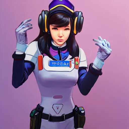 Image similar to D.VA from Overwatch wearing a police uniform, holding handcuffs in one hand Blizzard Concept Art Studio Ghibli. oil paint. 4k. by brom.