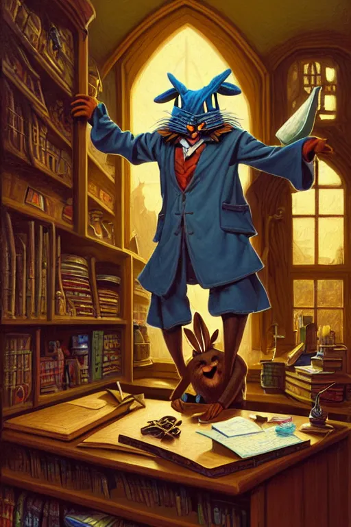 Prompt: classic oil painting, an anthropomorphic bipedal rabbit that is dressed as a medieval librarian, as a dnd character, in a cluttered office, cottagecore, highly detailed, digital illustration, concept art, smooth, sharp focus, art by tim hildebrandt, and greg hildebrandt