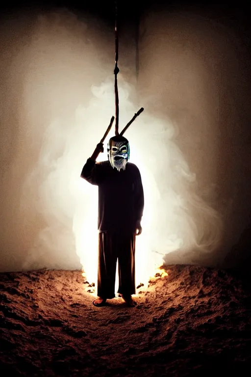 Image similar to full body shot of hanging old asian man with long beard, his head covered in roots, full face occult silver mask, bright multiple glowing eyes, holding a large carved wooden dark fractal stick, hanging upside down, thick smoke around him, in the burning soil desert, cinematic shot, wide angle, dark desert background, volumetric lighting by Denis Villeneuve, Lubezki, Gaspar Noe, Christopher Doyle and Alejandro Jodorowsky, anamorphic lens, anamorphic lens flares, kodakchrome, cinematic composition, practical effects, award winning photo, 8k