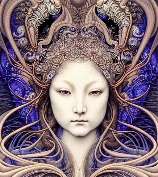 Prompt: detailed realistic beautiful kitsune goddess face portrait by jean delville, gustave dore, iris van herpen and marco mazzoni, art forms of nature by ernst haeckel, art nouveau, symbolist, visionary, gothic, neo - gothic, pre - raphaelite, fractal lace, intricate alien botanicals, ai biodiversity, surreality, hyperdetailed ultrasharp octane render