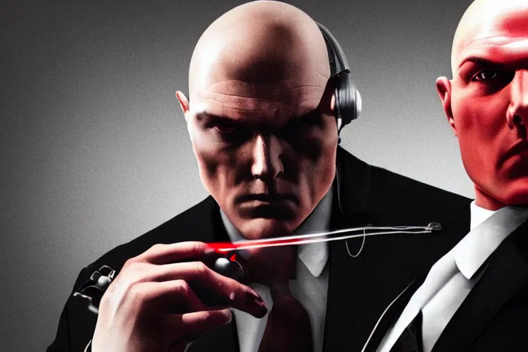 Image similar to an expressive portrait of agent 4 7 from hitman wearing headphones and putting a vinyl record onto a turntable, dark background, red rim light, digita, l