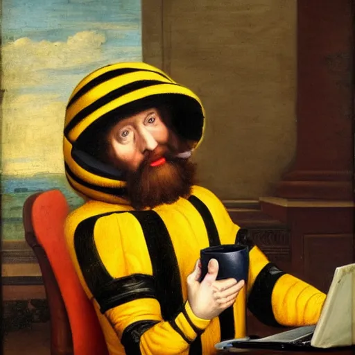 Prompt: tired man in a bumblebee costume drinks coffee in front of a laptop, highly detailed, masterpiece, renaissance, oil on canvas