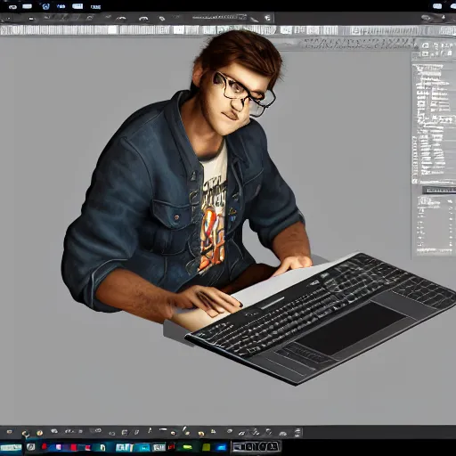 Prompt: a bum using blender 3 d software on his laptop, concept art, trending on artstation, highly detailed, intricate, sharp focus, digital art, 8 k