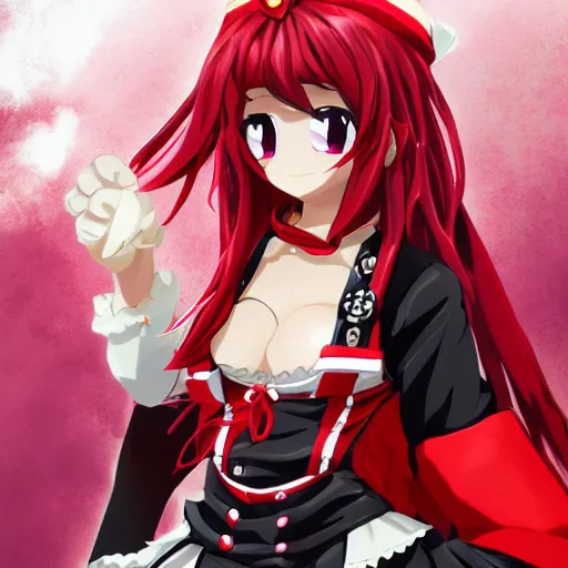 Prompt: Houshou Marine. Hololive character. Anime girl, 宝鐘マリン. Red pirate outfit and black pirate tricorn. Ahoy! Pirate girl ANIME drawing. brickred outfit colorscheme. Her name is Houshou Marine. Anime cute face. Yun Jin artist. Naoki Saito artist