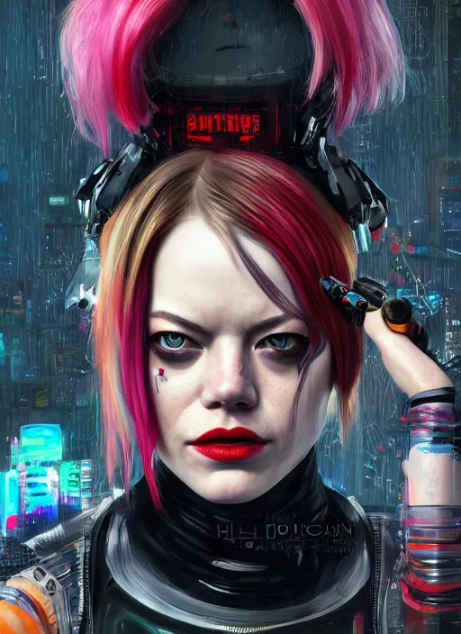 Image similar to cyberpunk portrait of emma stone as harley quinn, hyper detailed, digital art, trending in artstation, cinematic lighting, studio quality, smooth render, unreal engine 5 rendered, octane rendered, art style by klimt and nixeu and ian sprigger and wlop and krenz cushart.