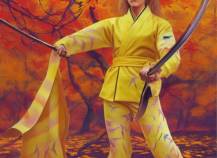 Image similar to breathtaking detailed pattern pastel colors, action scene from kill bill, with uma thurman ( kill bill ) in yellow kimono, swinging katana sword and autumn leaves, by hsiao - ron cheng, exquisite detail, enhanced eye detail