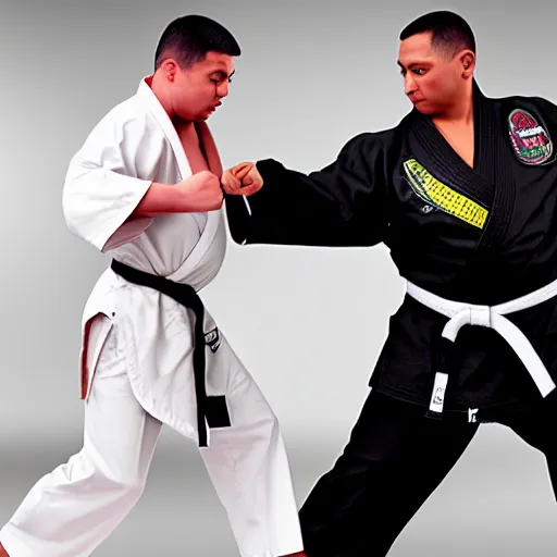 Image similar to hyperrealistic image of overweight martial artist in uniform doing kata