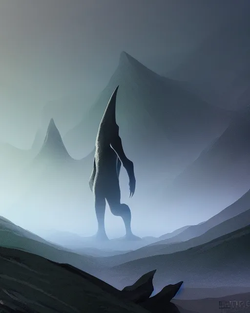 Image similar to concept art for a tall smooth, sleek kaiju creature, walking through a mountain range, fog, mountains in the distance | | epic - fine - clean, polished, trending on artstation, anime style, brush strokes