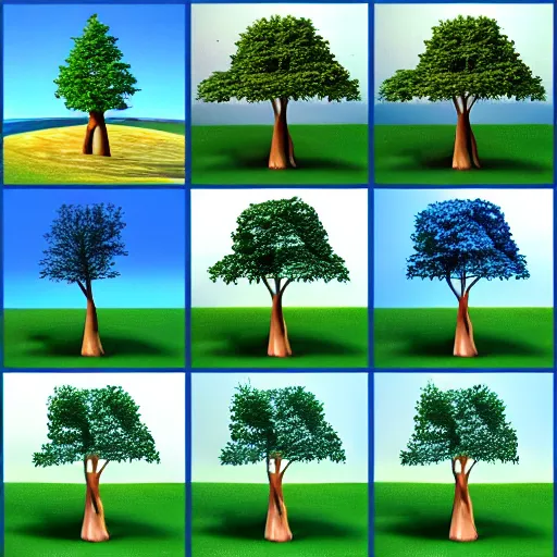 Image similar to collection of 3 d cartoon trees, different sizes, different colours, different heights, river, island terrain, blue sky