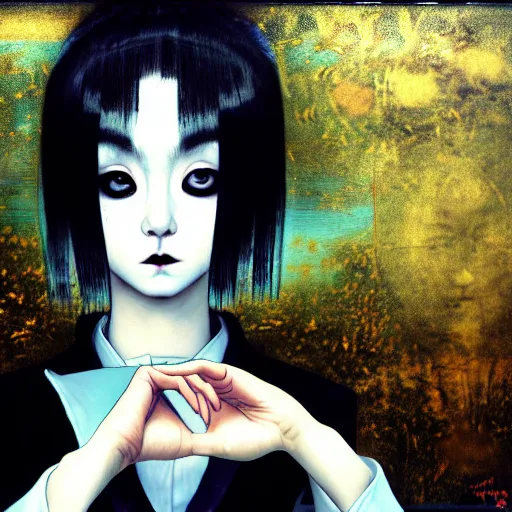 Image similar to yoshitaka amano blurred and dreamy realistic three quarter angle portrait of a young woman with black lipstick and black eyes wearing dress suit with tie, junji ito abstract patterns in the background, satoshi kon anime, noisy film grain effect, highly detailed, renaissance oil painting, weird portrait angle, blurred lost edges