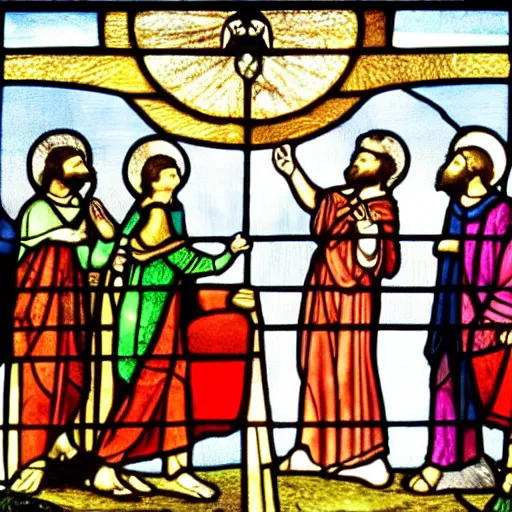 Prompt: stained glass depiction of thomas the apostle arriving in india