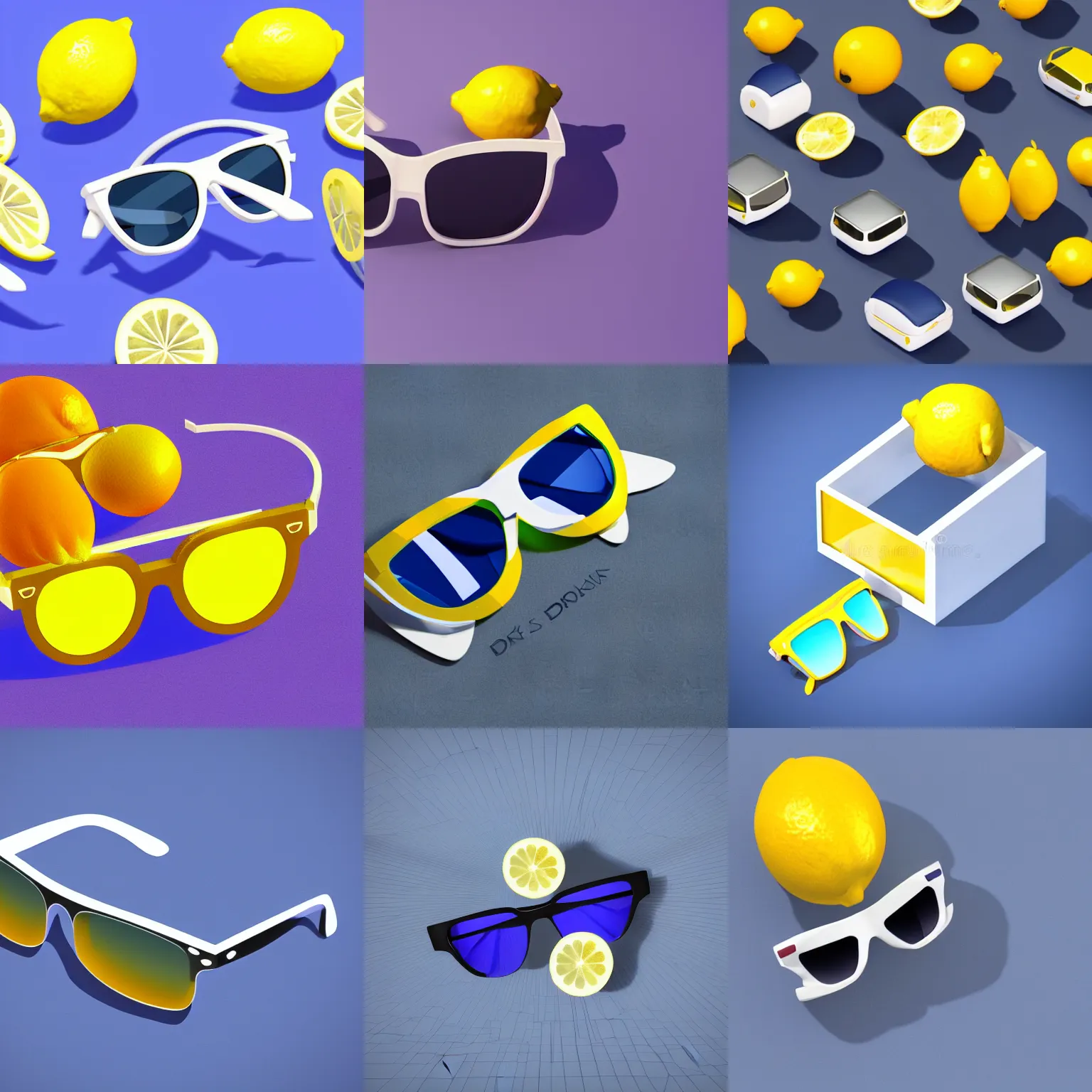 Prompt: lemon wearing dark blue sunglasses, 3d isometric render, light colors, white background