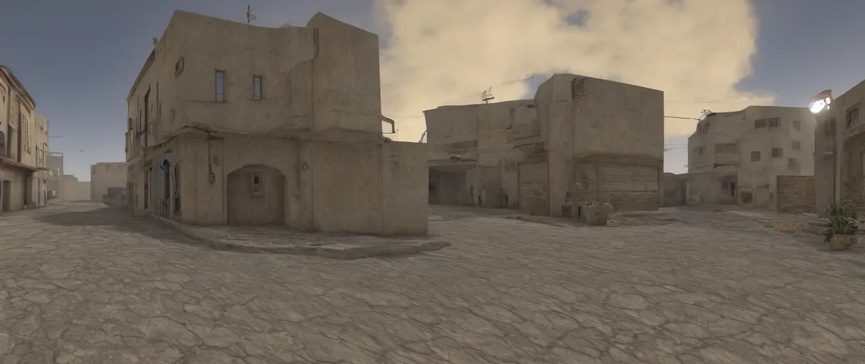 Image similar to a wide shot of dust 2 from Counter Strike: Global Offensive, beautiful, stunning, serene, volumetric light, volumetric clouds, photography, color, intricate, extremely detailed, photorealistic, unreal engine 5