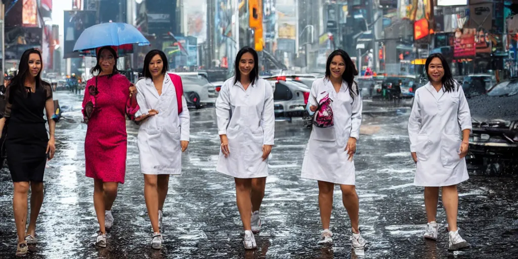 Image similar to 3 beautiful woman plaque doctors wearing white wet short sun dresses walking toward the camera in the wet cyberpunk streets of new york at sunset, police hover cars in the background, mud puddles,