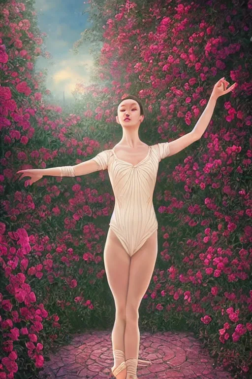 Prompt: stunningly beautiful, prima ballerina in rose garden, symmetrical face, golden hour, smooth, focus, highly detailed, hyper realistic, dramatic lighting, elegant, intricate, concept art, art by wlop, mars ravelo, greg rutowski, artstation