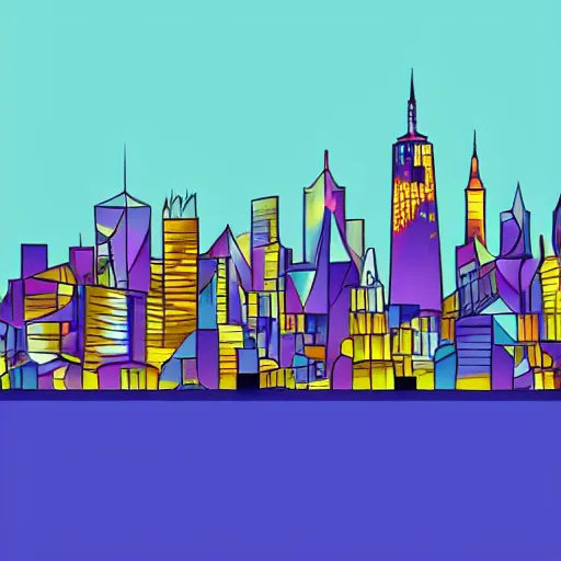 Prompt: magical manhattan skyline, digital flat vector painting, in the art style of bewitched, cubism, concept art, sharp focus, illustration