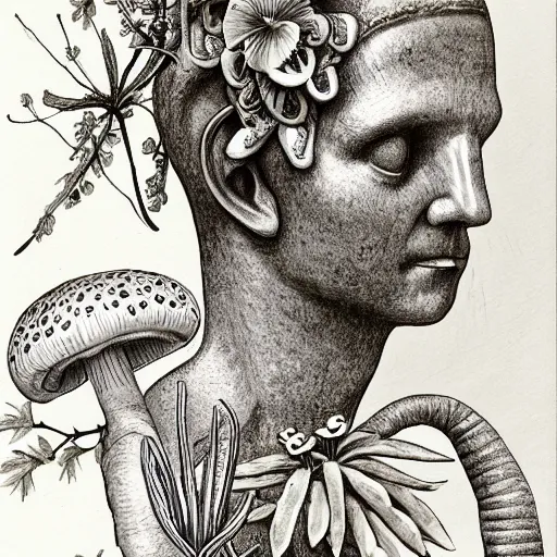 Image similar to botanical sketch of The thinker sculpture with a mechanical/cybernetic head, mushrooms and peyote/san pedro at the base, surrounded by a lush jungle and morning glory flowers, high detail, b&w,