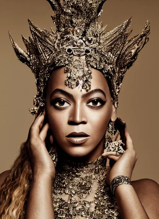 Prompt: photo of beyonce styled by nick knight posing, intricate headpiece, showstudio, face close up, vogue magazine, 2 0 2 0, canon, highly realistic. high resolution. highly detailed. dramatic. 8 k. 4 k. zeiss lens, canon eos, cinematic lighting, photography, film still