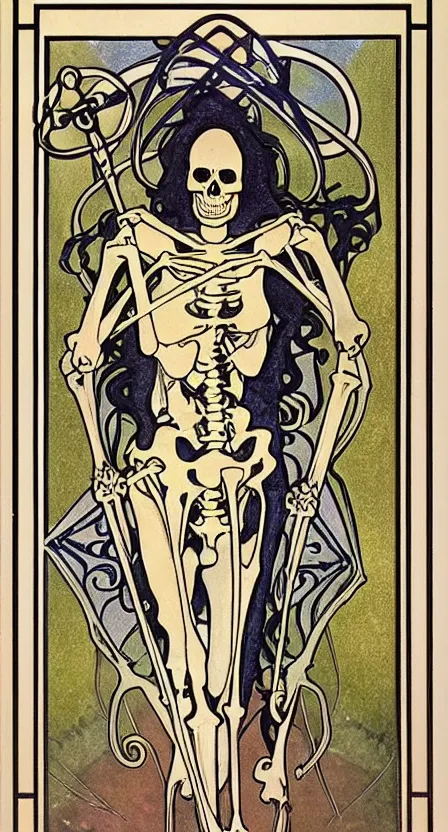 Image similar to a tarot card of a skeleton with a scythe, illustrated in an art deco style by tamara de lempika and an elegant border by alphonse mucha.