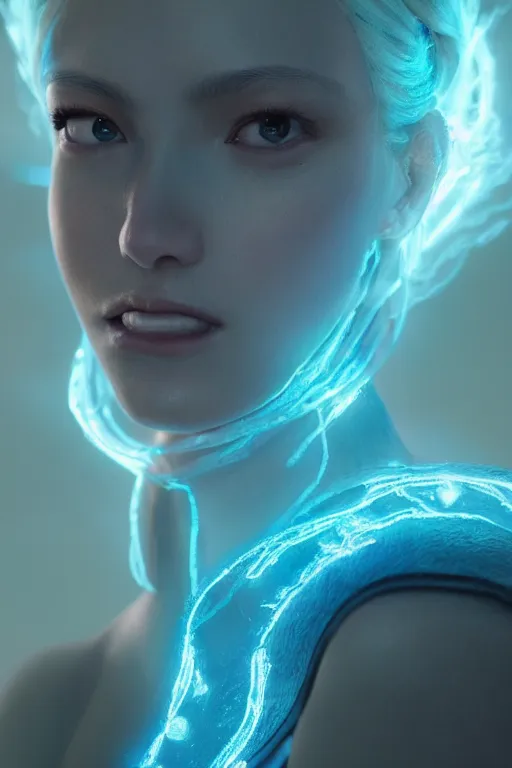 Image similar to a fancy close up portrait of a beautiful light mage in lightblue aura by Greg Rutkowski, Sung Choi, Mitchell Mohrhauser, Maciej Kuciara, Johnson Ting, Maxim Verehin, Peter Konig, final fantasy , mythical, 8k photorealistic, cinematic lighting, HD, high details, atmospheric,