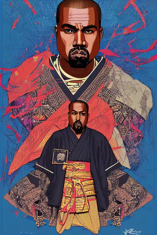 Image similar to poster of kanye west as a samurai, by yoichi hatakenaka, masamune shirow, josan gonzales and dan mumford, ayami kojima, takato yamamoto, barclay shaw, karol bak, yukito kishiro