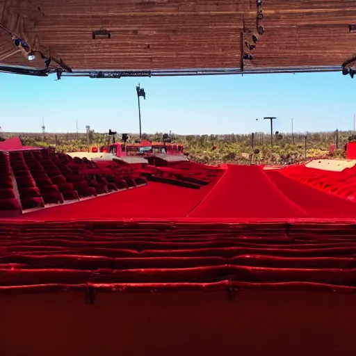 Prompt: pov seen from the stands of an outdoor show in a desert, the seats are in red velvet and comfortable, the stage is surrounded by wooden barriers