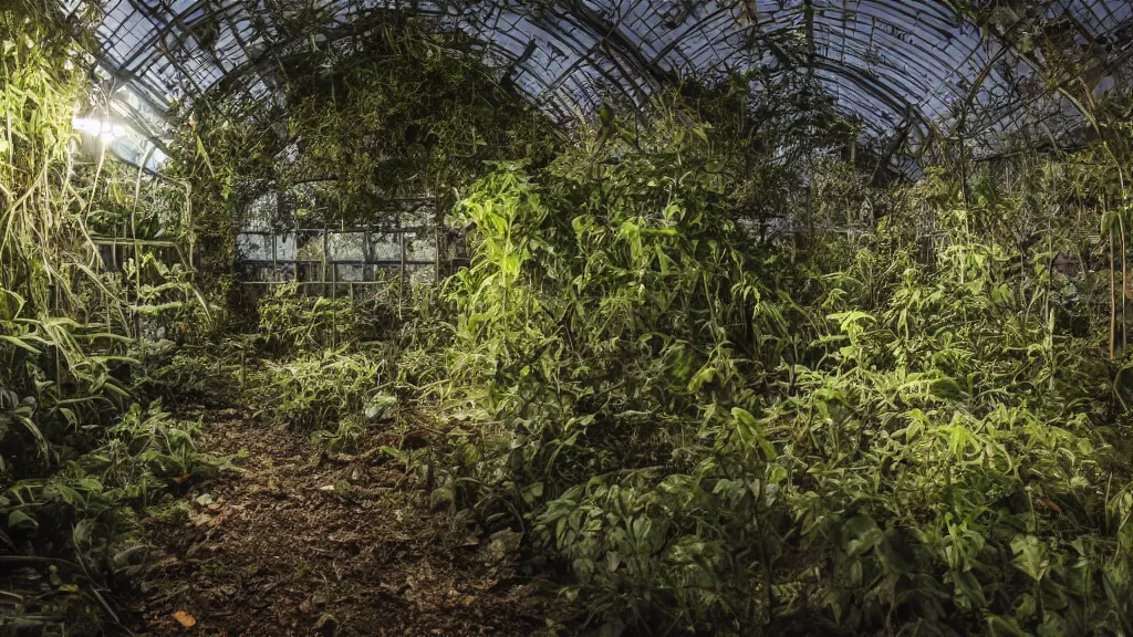 Image similar to exploring an abandoned overgrown greenhouse, at night with full moon, hyperrealistic, ambient lighting highly detailed, 4 k hd