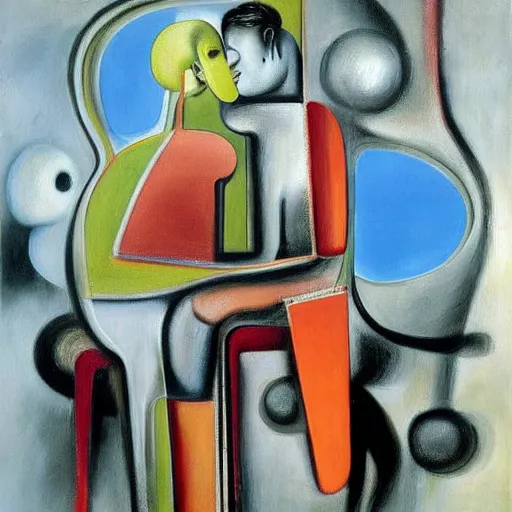 Image similar to Oil painting by Roberto Matta. Two mechanical gods kissing. Oil painting by Marlene Dumas. Dali.