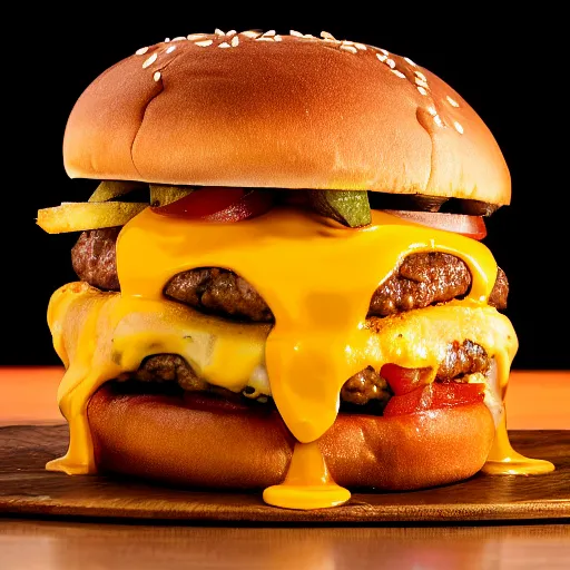 Prompt: stage photography highly detailed studio lighting food photography of a towering triple cheeseburger with melted cheese and fries on the side, stunning quality of scrumptious food