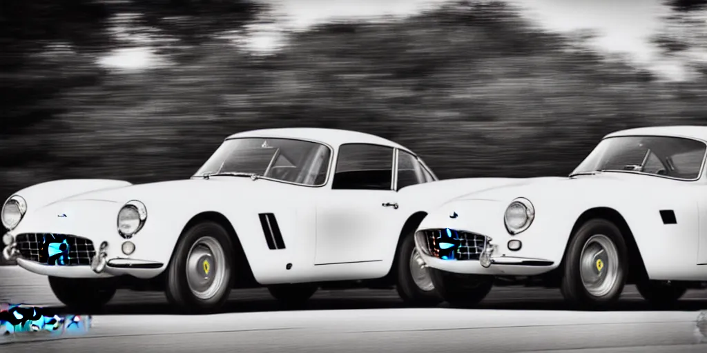 Image similar to photograph, 1958 FERRARI 250 GT, cinematic, PCH, NO badge, california coast, 8k, depth of field, bokeh.