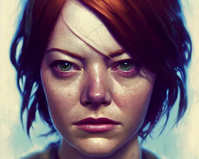 Image similar to highly detailed portrait of emma stone, in the walking dead, stephen bliss, unreal engine, fantasy art by greg rutkowski, loish, rhads, ferdinand knab, makoto shinkai and lois van baarle, ilya kuvshinov, rossdraws, tom bagshaw, global illumination, radiant light, detailed and intricate environment