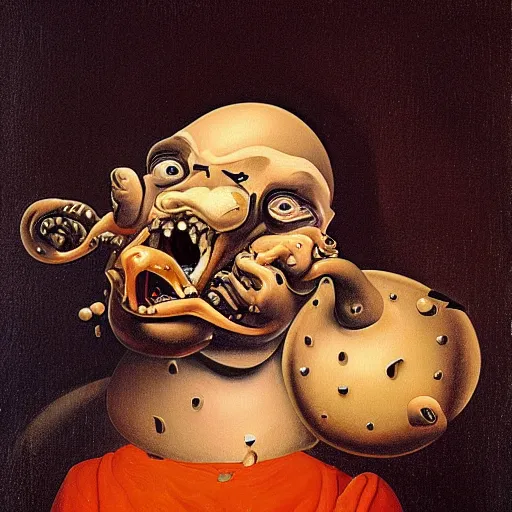 Image similar to oil painting with black background by christian rex van dali todd schorr of a chiaroscuro portrait of an extremely bizarre disturbing mutated man with acne intense chiaroscuro obscuring features lighting perfect composition masterpiece