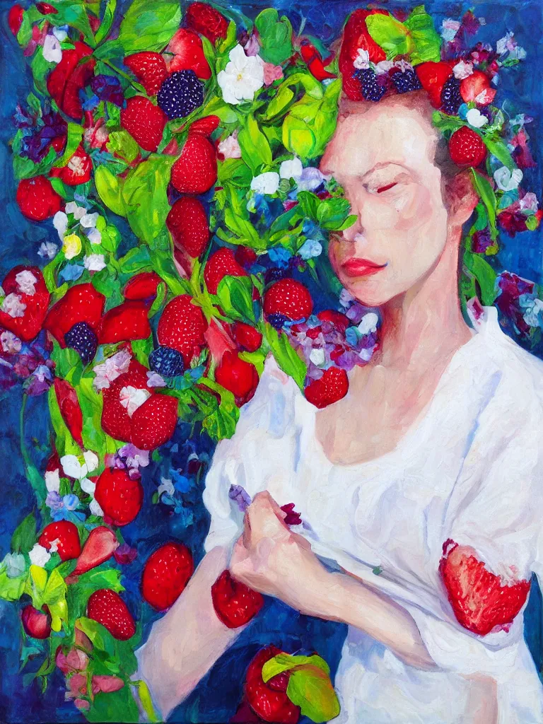 Image similar to “organic, portrait of a woman wearing white silk, neoexpressionist, eating luscious fresh raspberries and strawberries and blueberries, edible flowers, acrylic and oilstick on canvas”