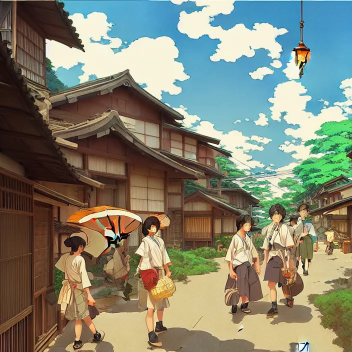 Image similar to japanese rural town, summer, in the style of studio ghibli, j. c. leyendecker, greg rutkowski, artem